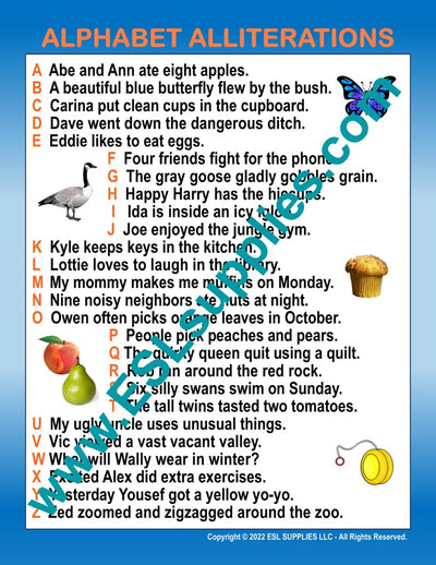 Alphabet Alliterations ESL English Classroom Education Chart Poster