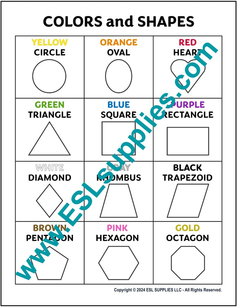 Colors and Shapes ESL Math Education Classroom Poster Chart ESL Supplies