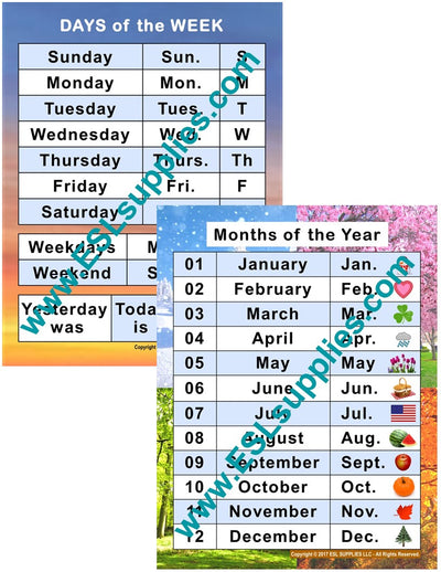 Days and Months ESL Classroom Anchor Chart Poster