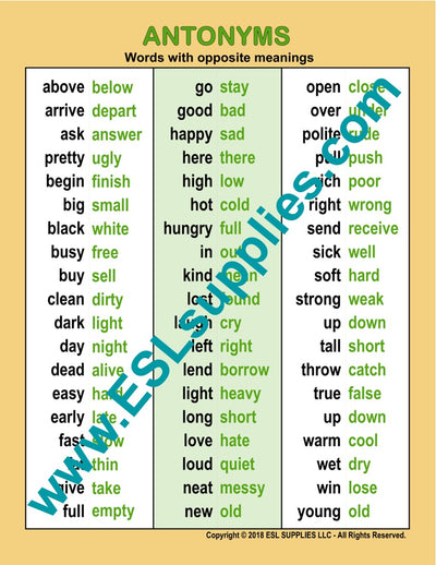 Antonyms ESL English Educational Classroom Chart Poster