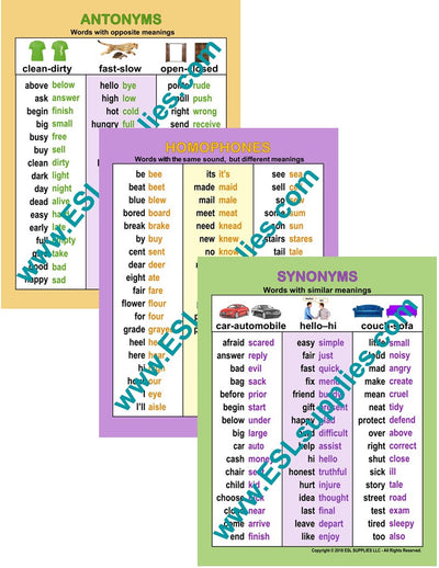 Antonyms, Homophones, Synonyms ESL English Educational Classroom Chart Poster Set