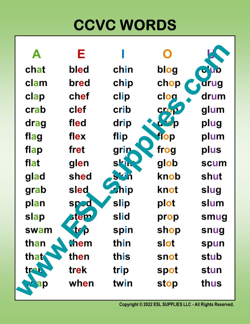 CCVC Word List ESL English Language Classroom Poster Chart Adult K12