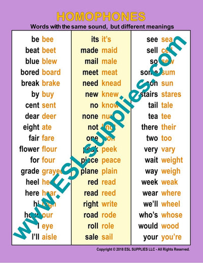Homophones ESL English Educational Classroom Chart Poster