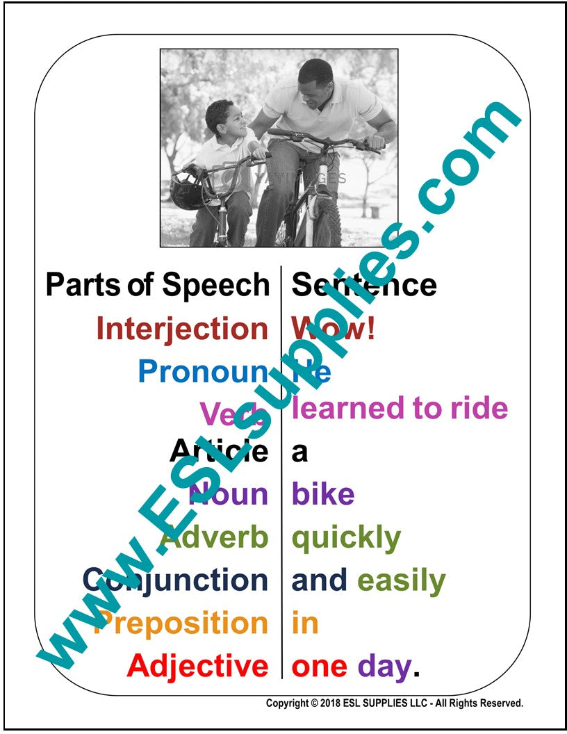 English Grammar Anchor Charts, Parts of Speech Noun, Pronoun, Adjective,  Verb, Adverb, Preposition, Conjunction, Interjection 08 Posters 