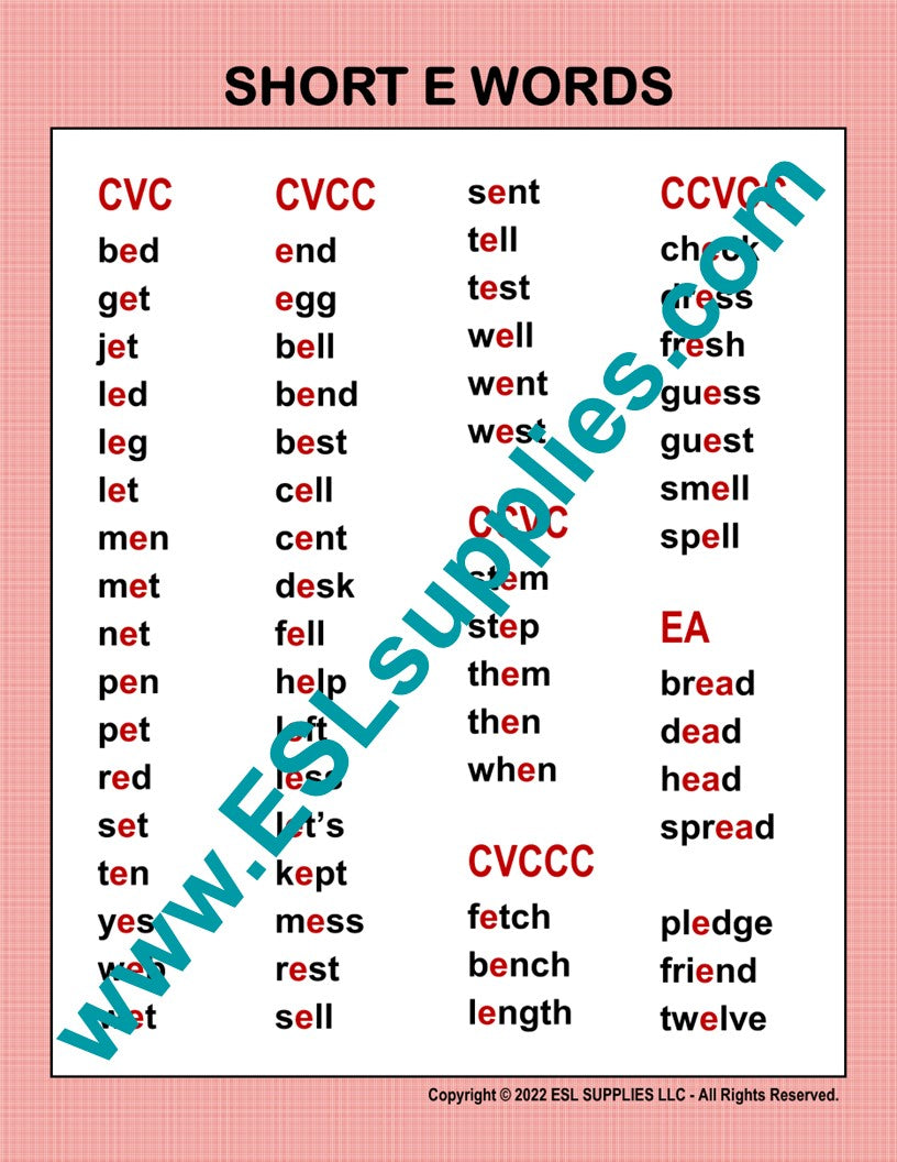 Short E Word List ESL English Language Classroom Poster Chart, K12