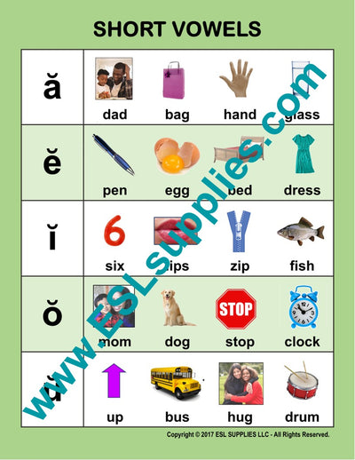 Short Vowels ESL Classroom Anchor Chart Poster