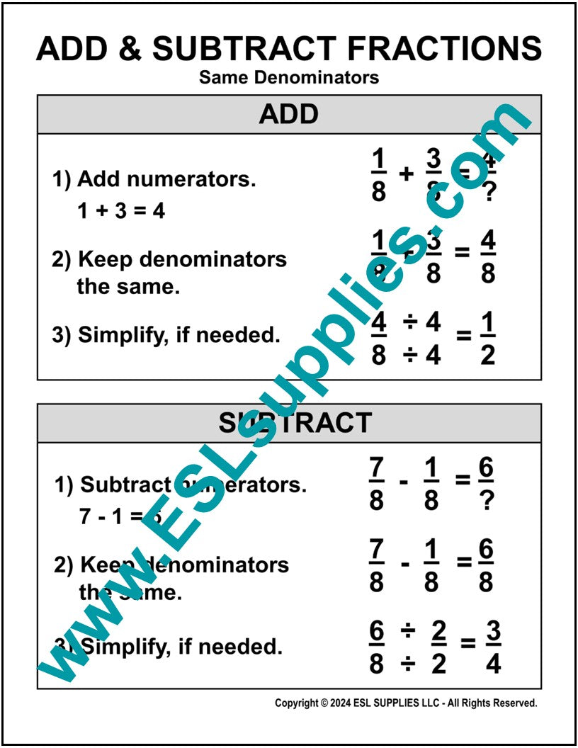 Add / Subtract Fractions-Same Denominator Math Education Classroom ...