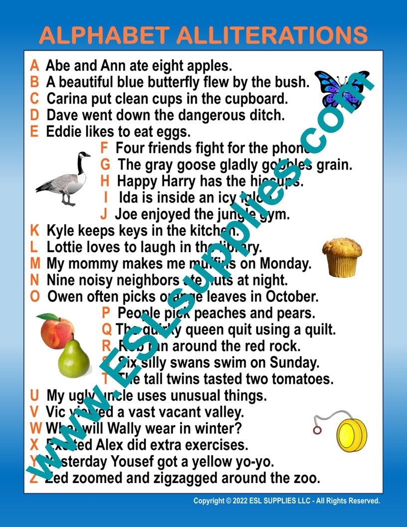 Alphabet Alliterations- ESL ELD English Phonics Literacy Classroom ...