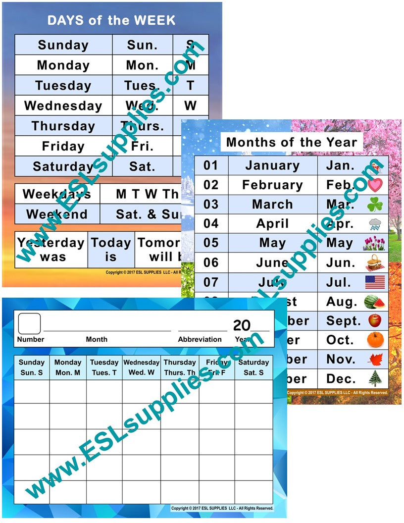 Days, Months, Calendar ESL Classroom Anchor Chart Poster