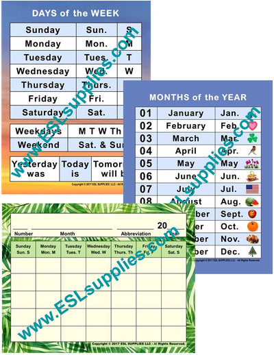 Calendar, Days, Months ESL Classroom Anchor Chart Poster
