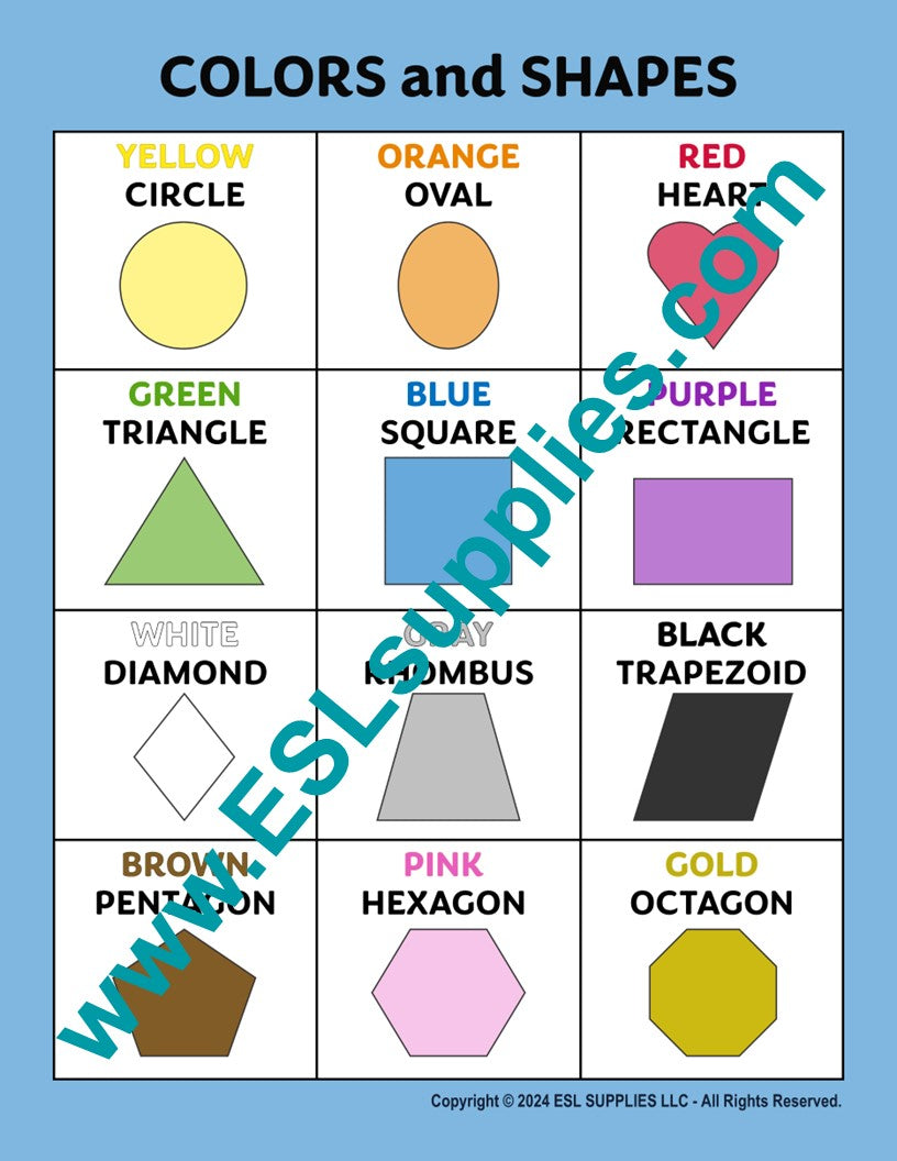 Colors and Shapes ESL Math Education Classroom Poster Chart – ESL ...