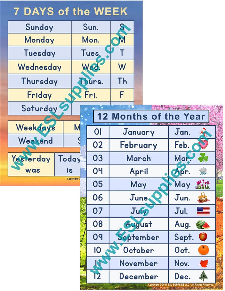 Calendar ESL Classroom Anchor Chart Posters