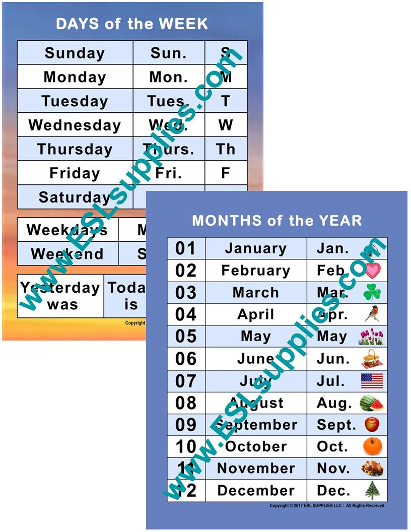 Days and Months ESL Classroom Anchor Chart Poster