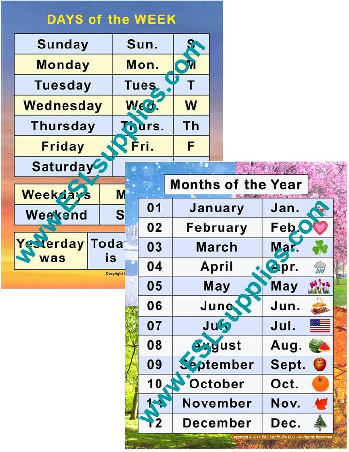 Days and Months ESL Classroom Anchor Chart Poster