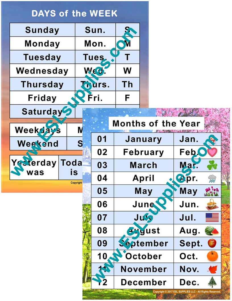 Days and Months ESL Classroom Anchor Chart Poster