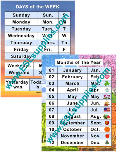 Days & Months Set ESL English Math Education Classroom Poster Chart ...
