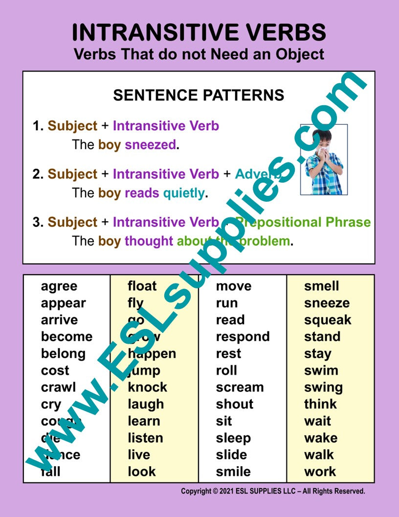 Intransitive Verbs ESL Classroom Anchor Chart Poster