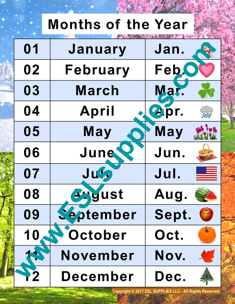 Months  ESL Classroom Anchor Chart Poster