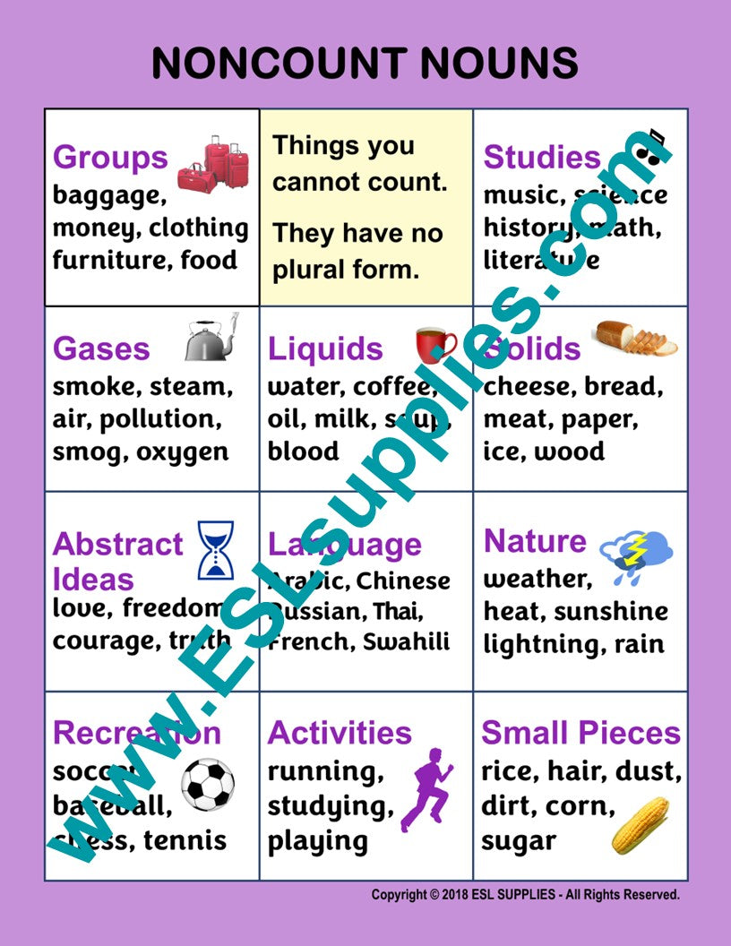 Noun Set ESL Grammar Poster, English Classroom Anchor Chart ESL