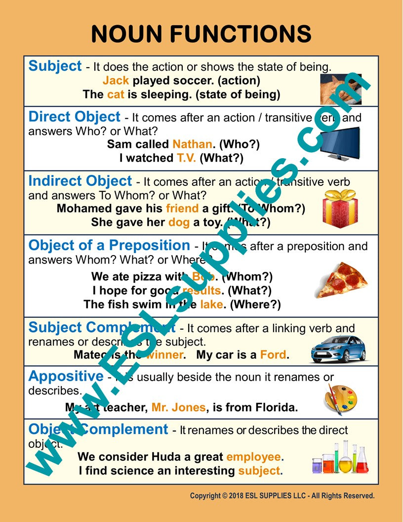 Noun Functions ESL English Grammar Classroom Poster Chart