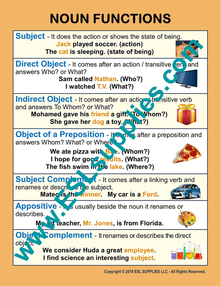 Noun Functions ESL English Grammar Classroom Poster Chart