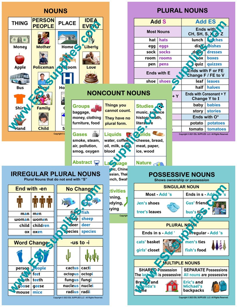 Noun Set ESL English Grammar Classroom Poster Chart