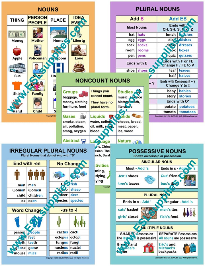 Noun Set ESL English Grammar Classroom Poster Chart