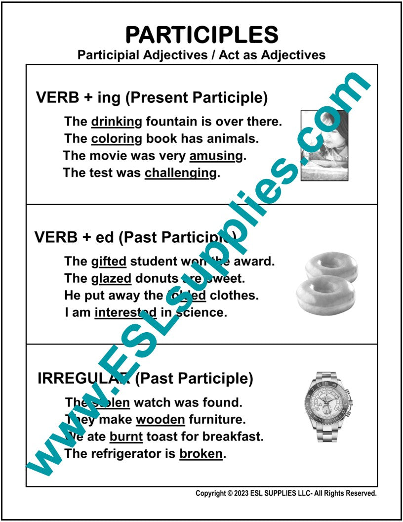 Participles - ESL Grammar Poster, English Language Anchor Chart – ESL ...