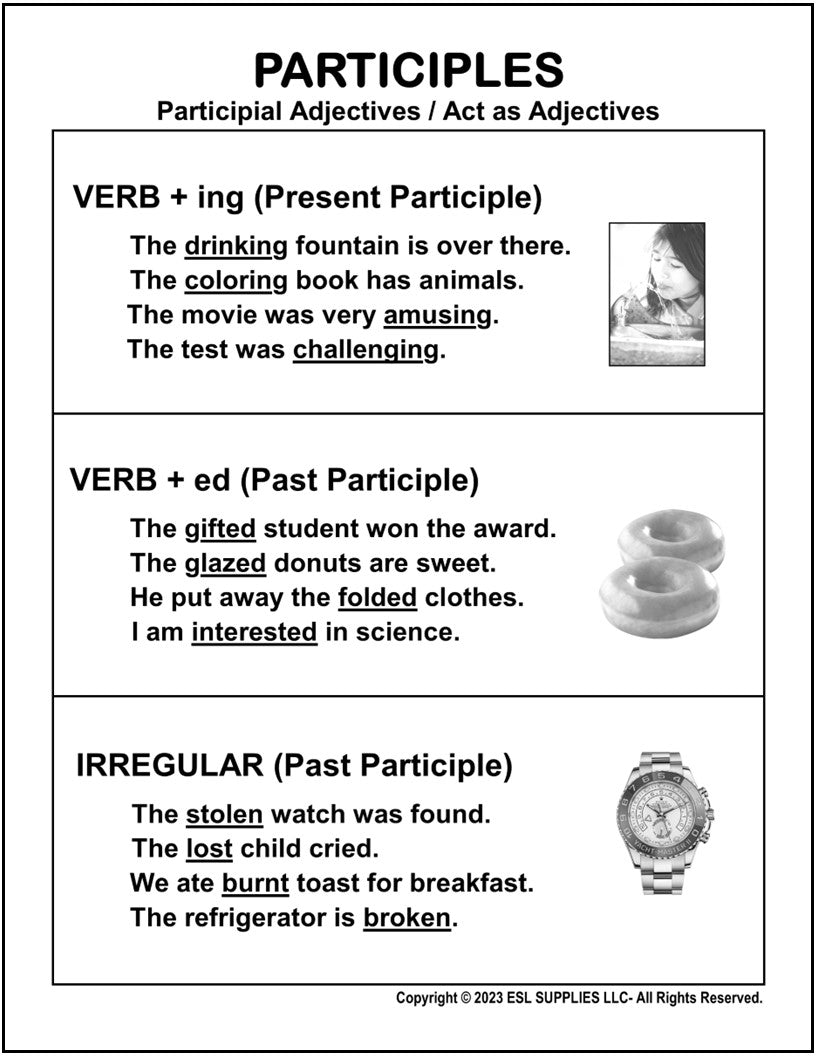 Participles Explained Participles- ESL ELD English Grammar Education Classroom Poster Chart ...