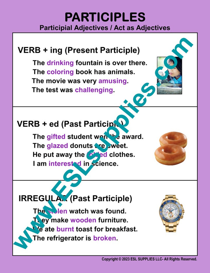 Participles ESL English Language Classroom Poster Charts
