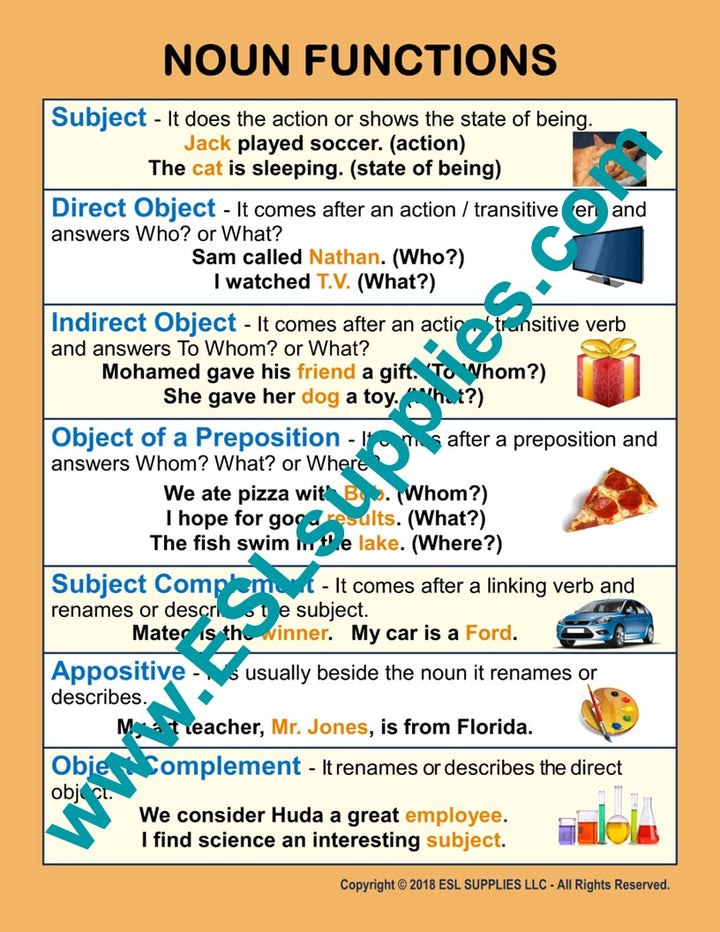 Noun Functions ESL Classroom Anchor Chart Poster