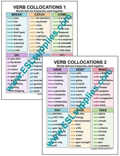Verb Collocations ESl Educational Classroom Chart Poster Set