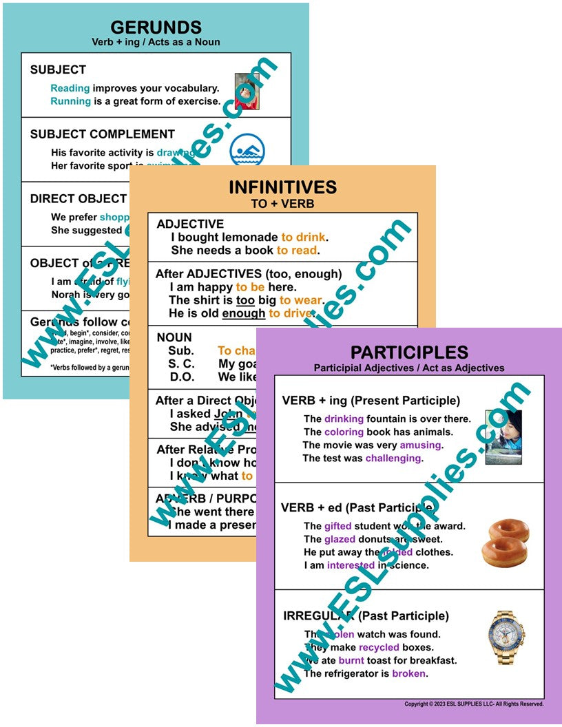 Verbal Set ESL English Grammar Classroom Poster Charts