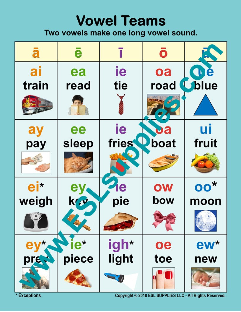 Vowel Teams- ESL ELD English Phonics Education Classroom Poster 