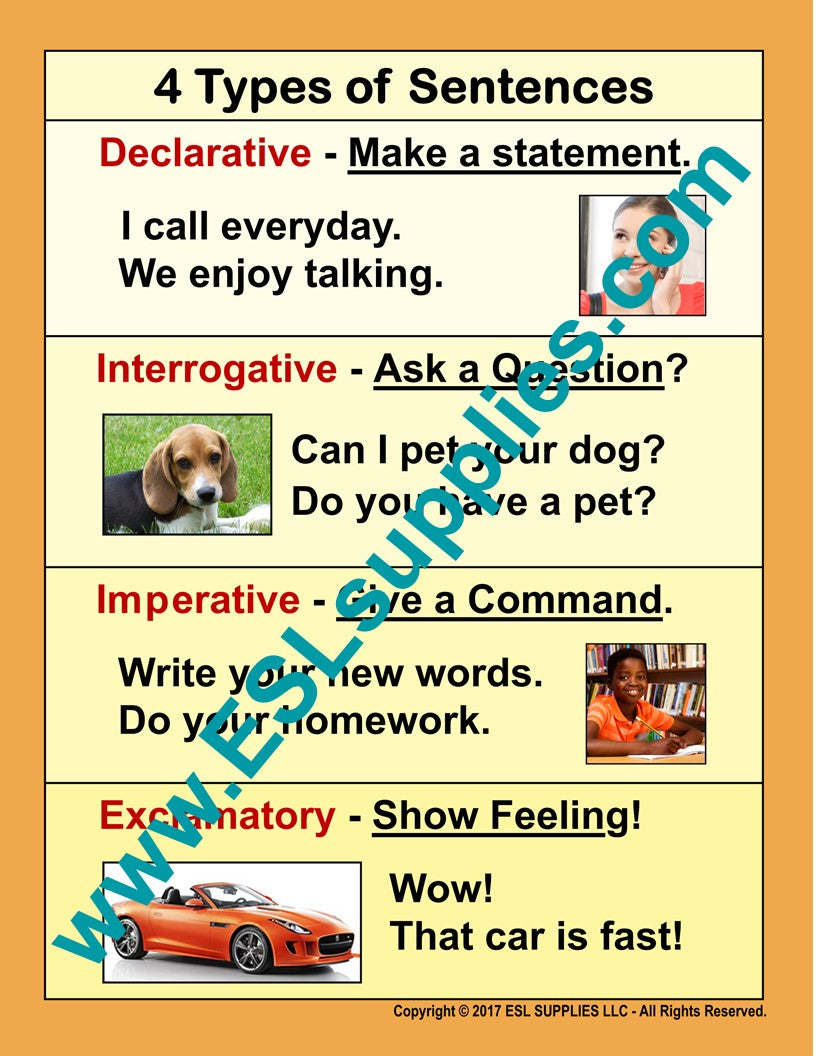 Four Types of Sentences ESL Classroom Anchor Chart Poster