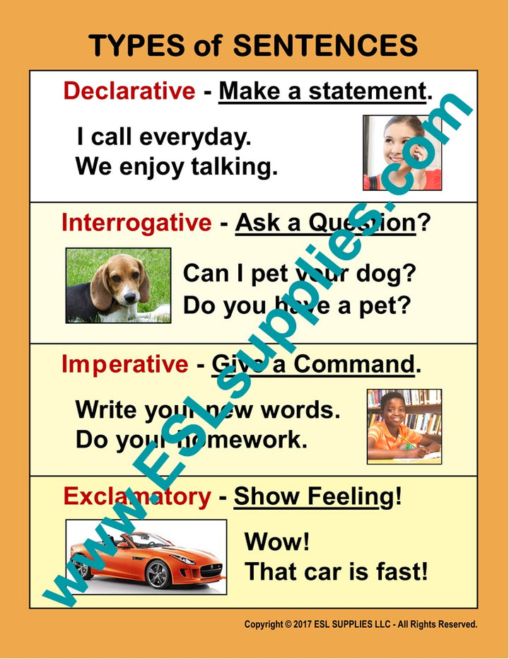 Types of Sentences ESL Classroom Anchor Chart Poster