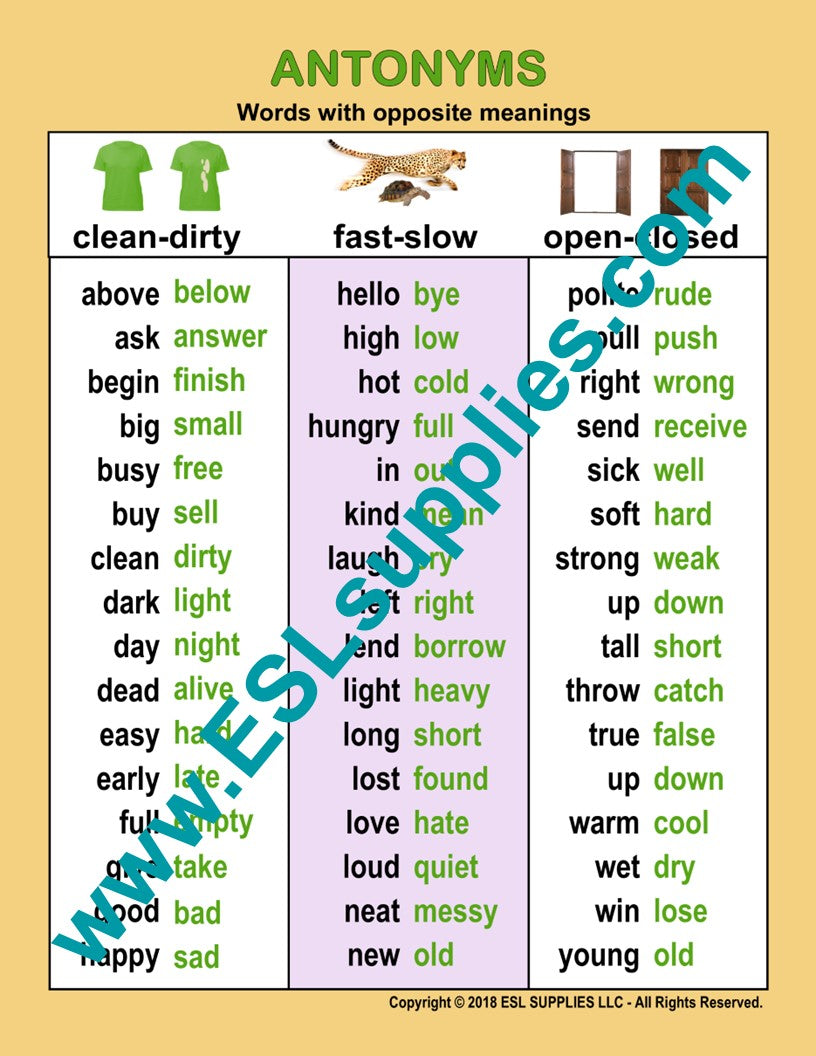 Antonyms ESL English Educational Classroom Chart Poster