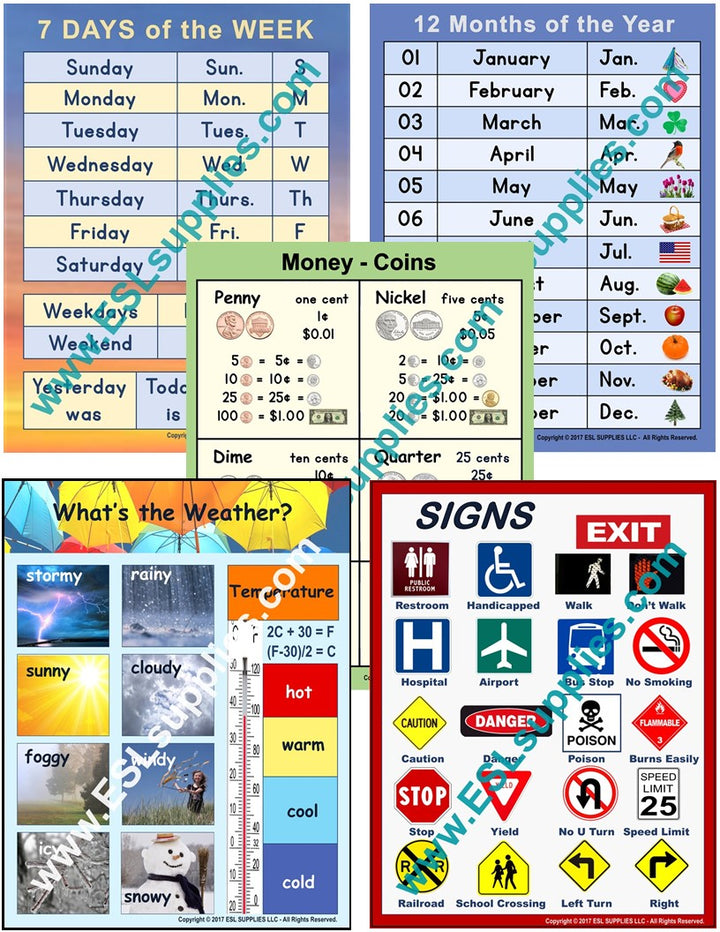 Set of 5 Life Skills ESL Classroom Anchor Chart Posters