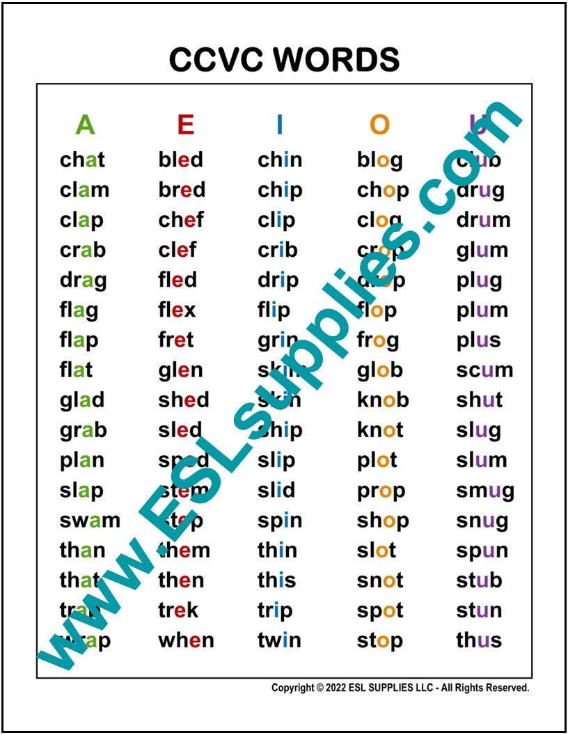 CCVC Word List ESL English Language Classroom Poster Chart Adult K12