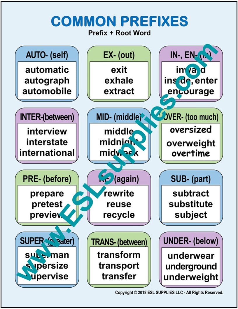 Common Prefixes ESL English Educational Classroom Chart Poster