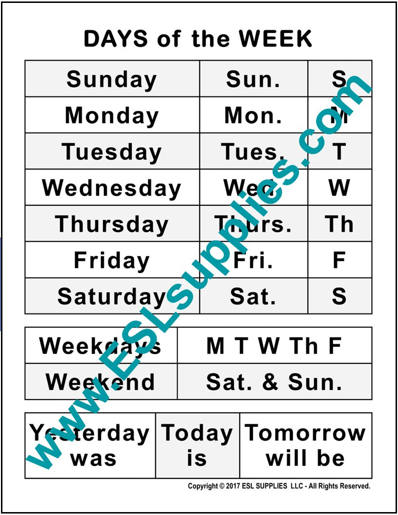 Days of the Week-ESL Life Skills Poster,English Classroom Anchor Chart ...
