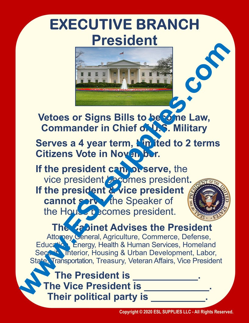 Executive Branch Citizenship Classroom Anchor Chart Poster