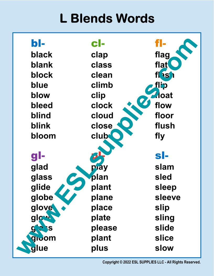 L Blend Word List ESL English Language Classroom Poster Chart ESL