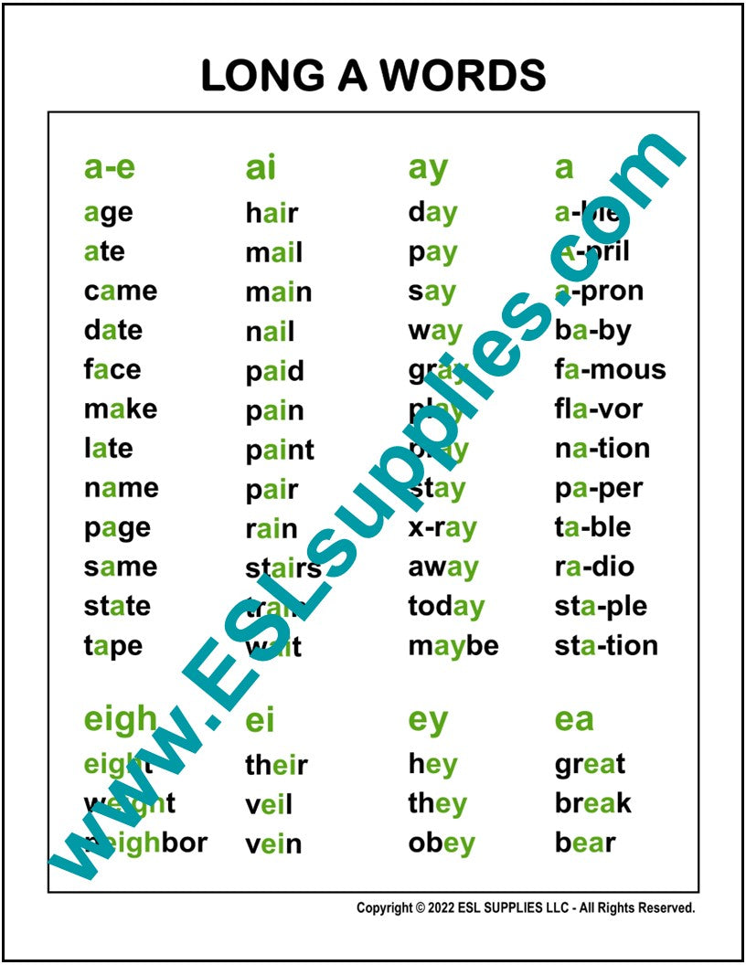 Long A Word List ESL English Language Classroom Poster Chart Adult K12 Long a word list esl english language classroom poster chart adult k12