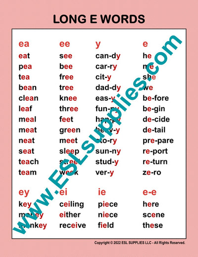 Long E Word List ESL Classroom Anchor Chart Poster