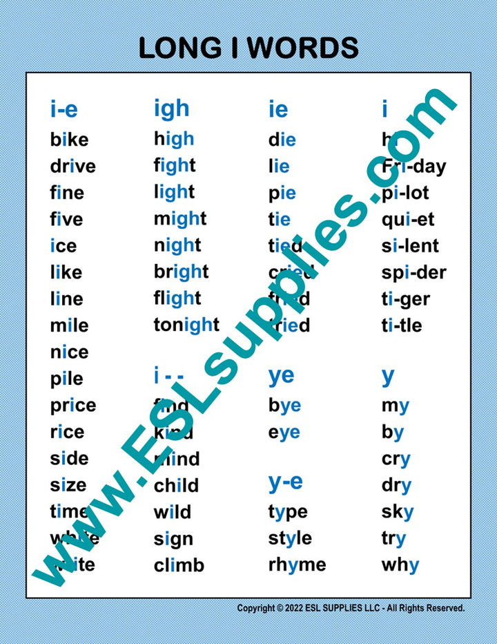 Long I Word List ESL Classroom Anchor Chart Poster
