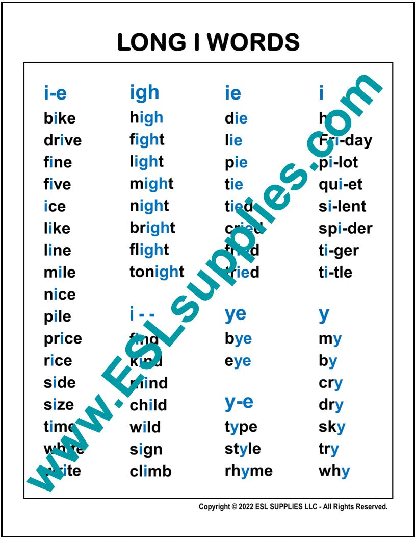 Long I Word List ESL English Language Classroom Poster Chart Adult K12 ...