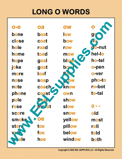 Long O Word List ESL Classroom Anchor Chart Poster