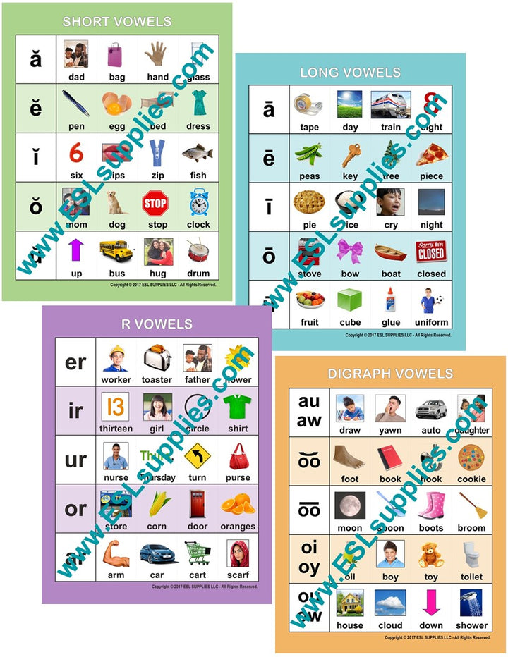 Long, Short, R, & Digraph Vowel ESL Classroom Anchor Chart Posters