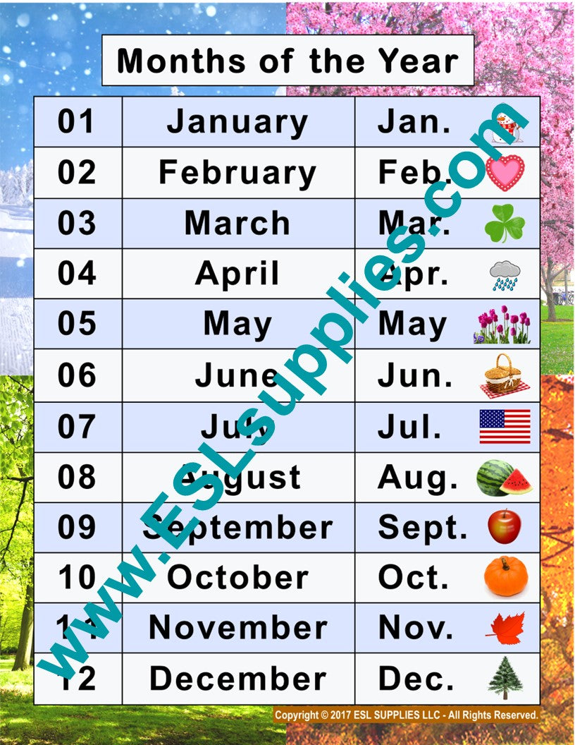 Months ESL English Language Classroom Poster Chart – ESL Supplies